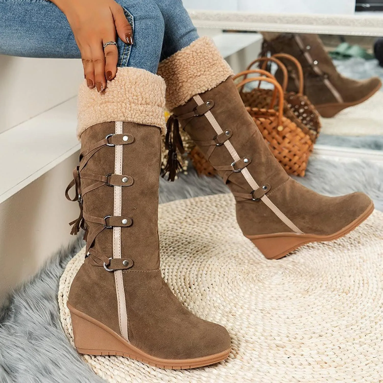 Women's Suede Plus Velvet Lined Flip Lace Up Tassel Knee High Boot,Winter Warm Non Slip Platform Wedge Heel Snow Boot