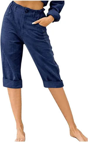 Women's Summer Capri Pants 2025 Cotton Linen Straight Leg Cropped Trousers High Waist Casual Pant with Pockets
