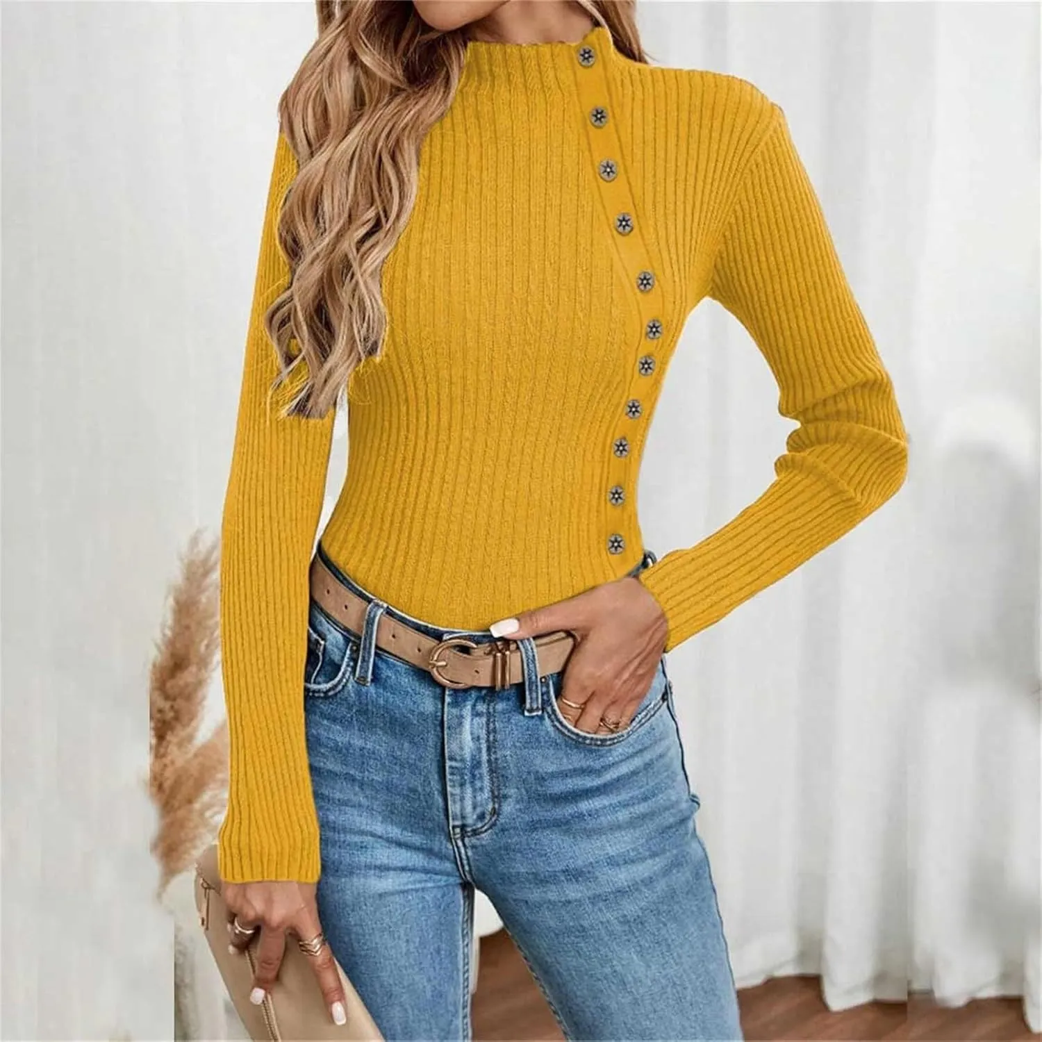 Women's Sweater Solid Casual Turtleneck Button Pullover Knitted Base Pullover Slim Fit Versatile Ribbed Stretch Tops