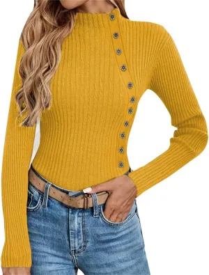 Women's Sweater Solid Casual Turtleneck Button Pullover Knitted Base Pullover Slim Fit Versatile Ribbed Stretch Tops