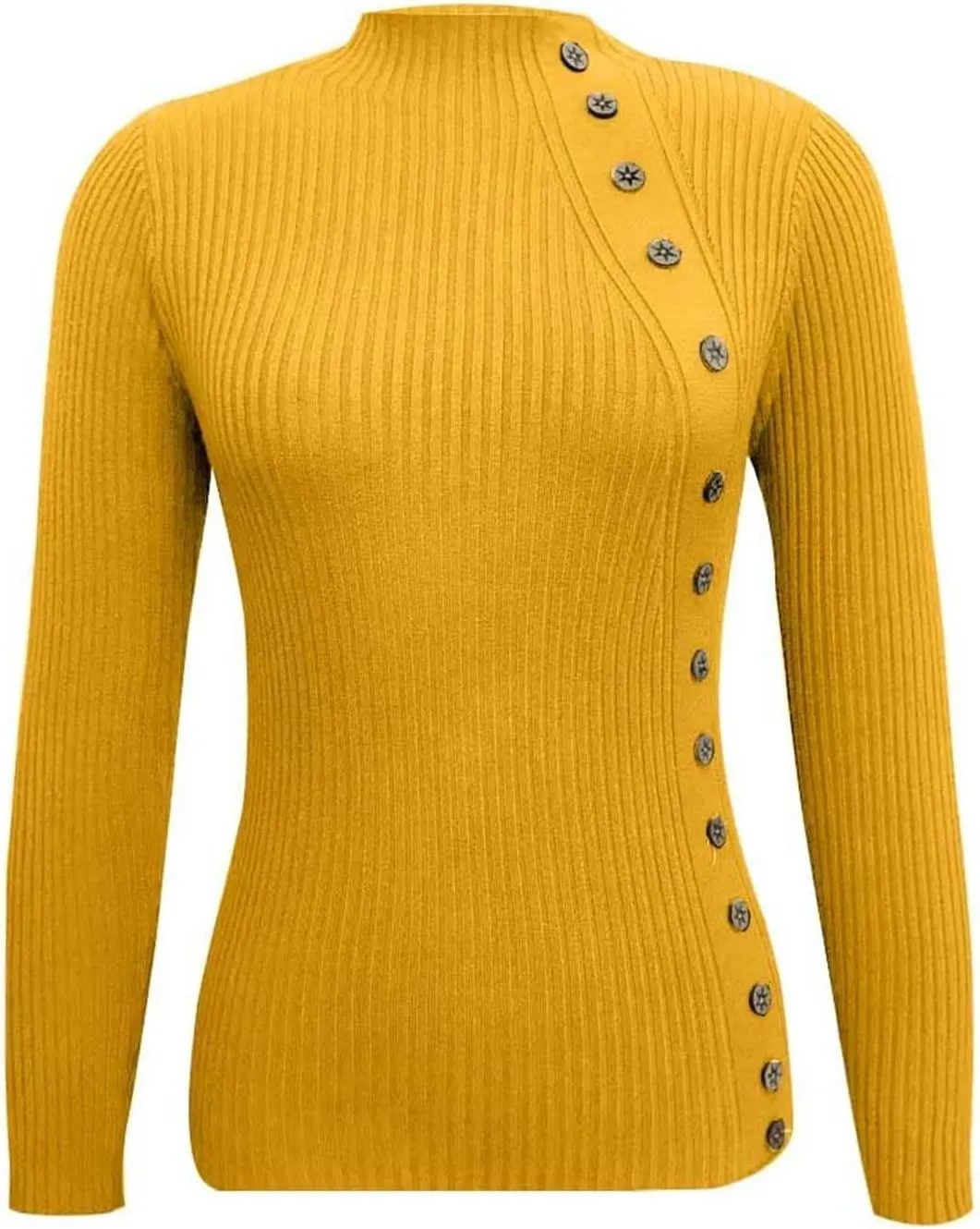 Women's Sweater Solid Casual Turtleneck Button Pullover Knitted Base Pullover Slim Fit Versatile Ribbed Stretch Tops