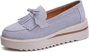 Women's Tassel Suede Platform Loafers Fashion Bow Comfortable Round Toe Slip On Anti-Slip Wedge Walking Shoes for Daily Driving Work Casual Shoes