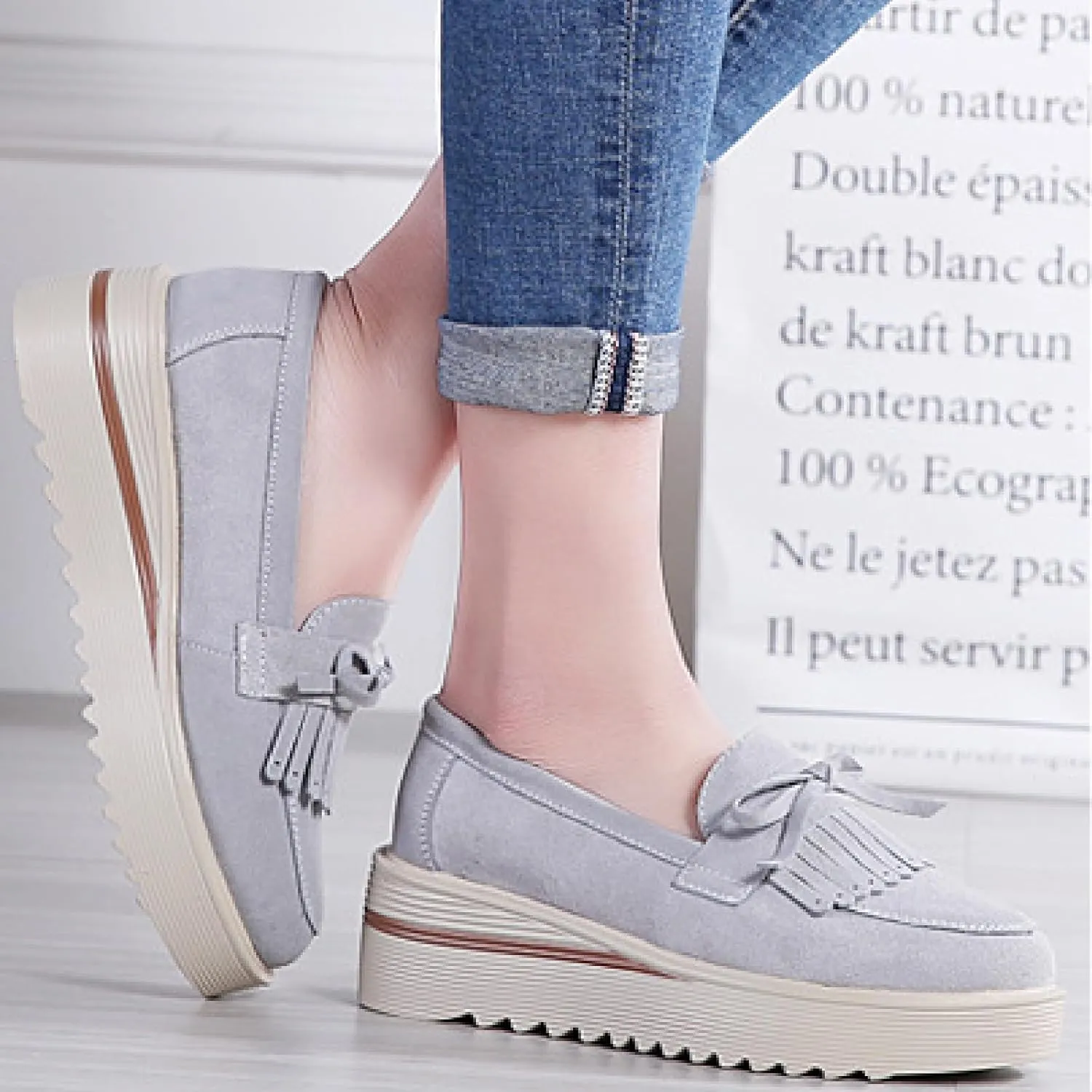 Women's Tassel Suede Platform Loafers Fashion Bow Comfortable Round Toe Slip On Anti-Slip Wedge Walking Shoes for Daily Driving Work Casual Shoes