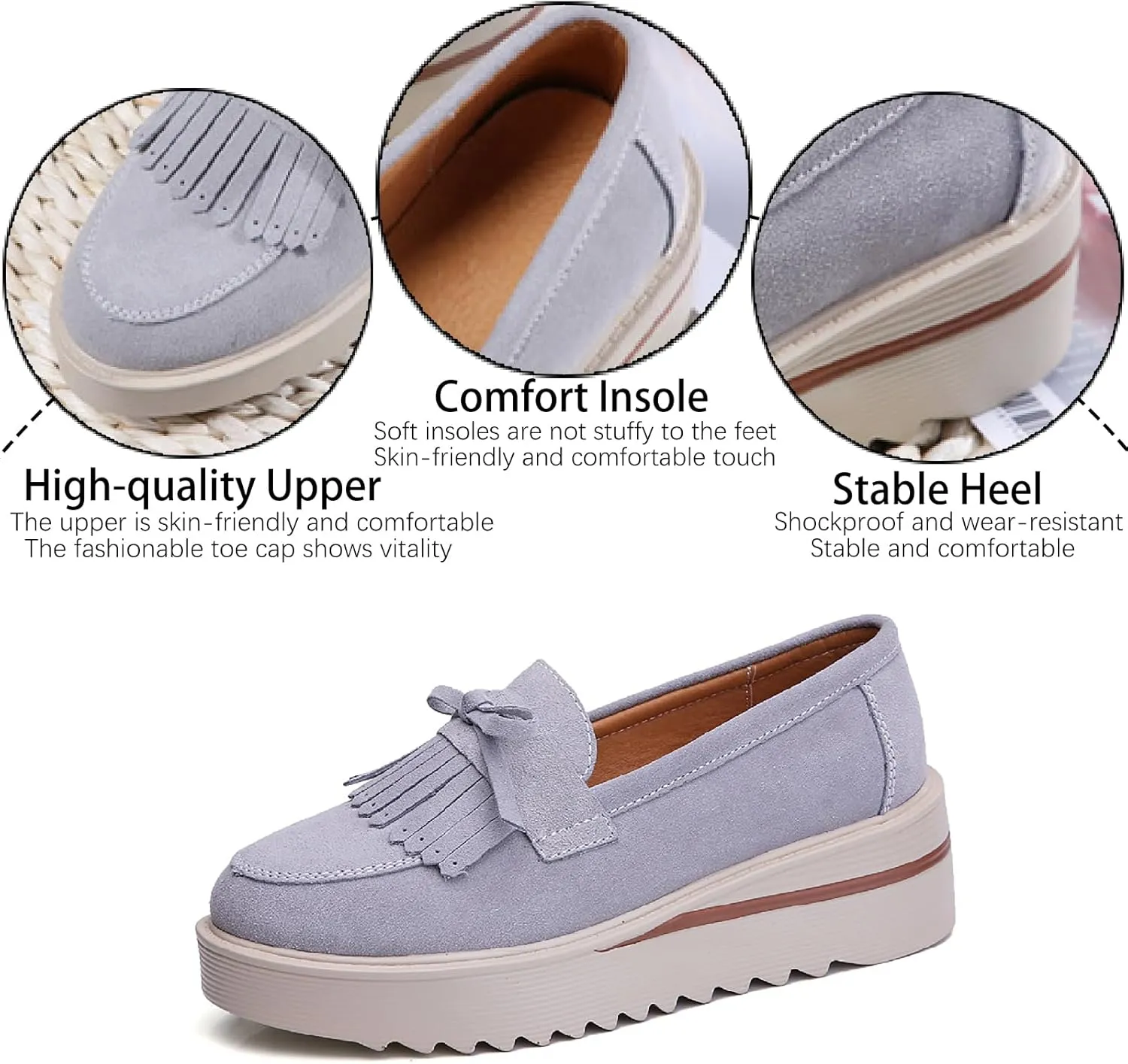 Women's Tassel Suede Platform Loafers Fashion Bow Comfortable Round Toe Slip On Anti-Slip Wedge Walking Shoes for Daily Driving Work Casual Shoes