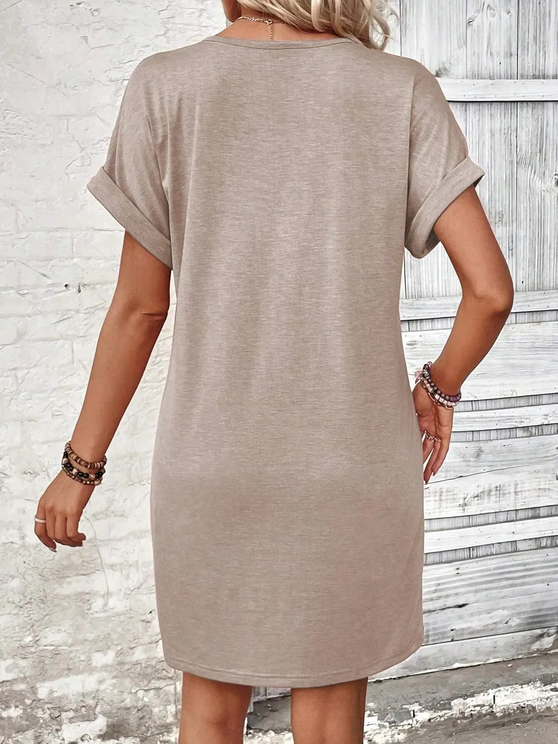 Women's Versatile V-Neck Button Solid Color Dress with Lazy Style and Shoulder Rolled Sleeves Casual Dress