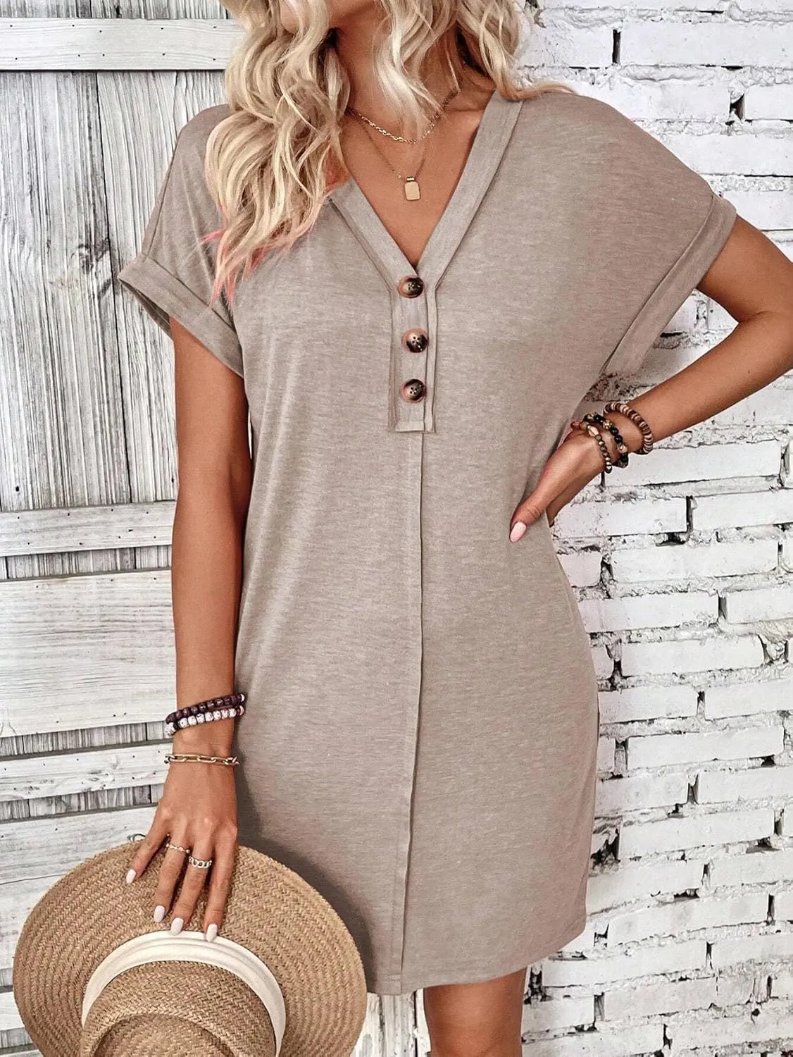 Women's Versatile V-Neck Button Solid Color Dress with Lazy Style and Shoulder Rolled Sleeves Casual Dress