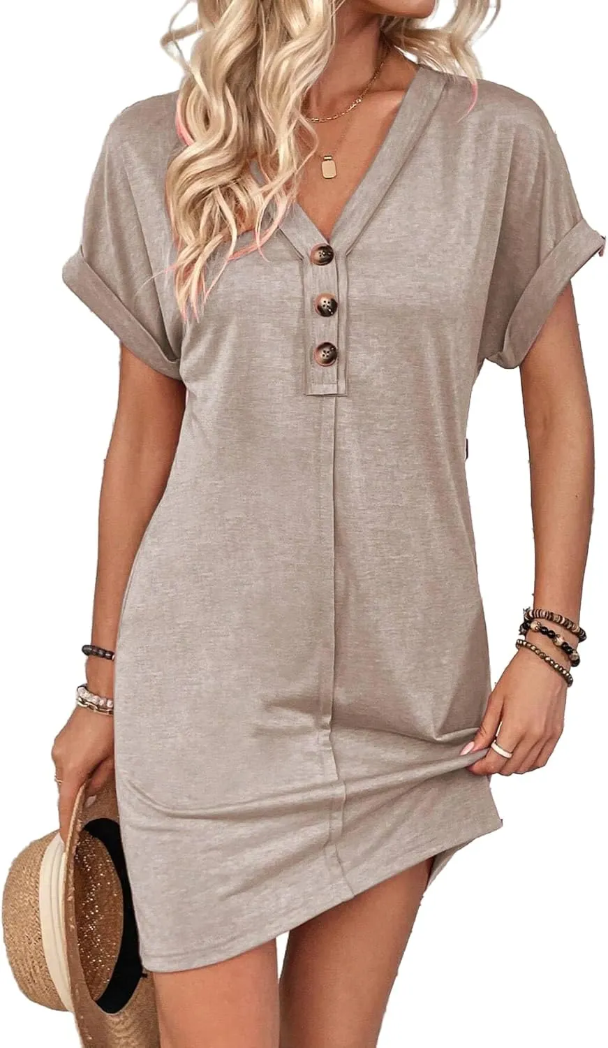 Women's Versatile V-Neck Button Solid Color Dress with Lazy Style and Shoulder Rolled Sleeves Casual Dress