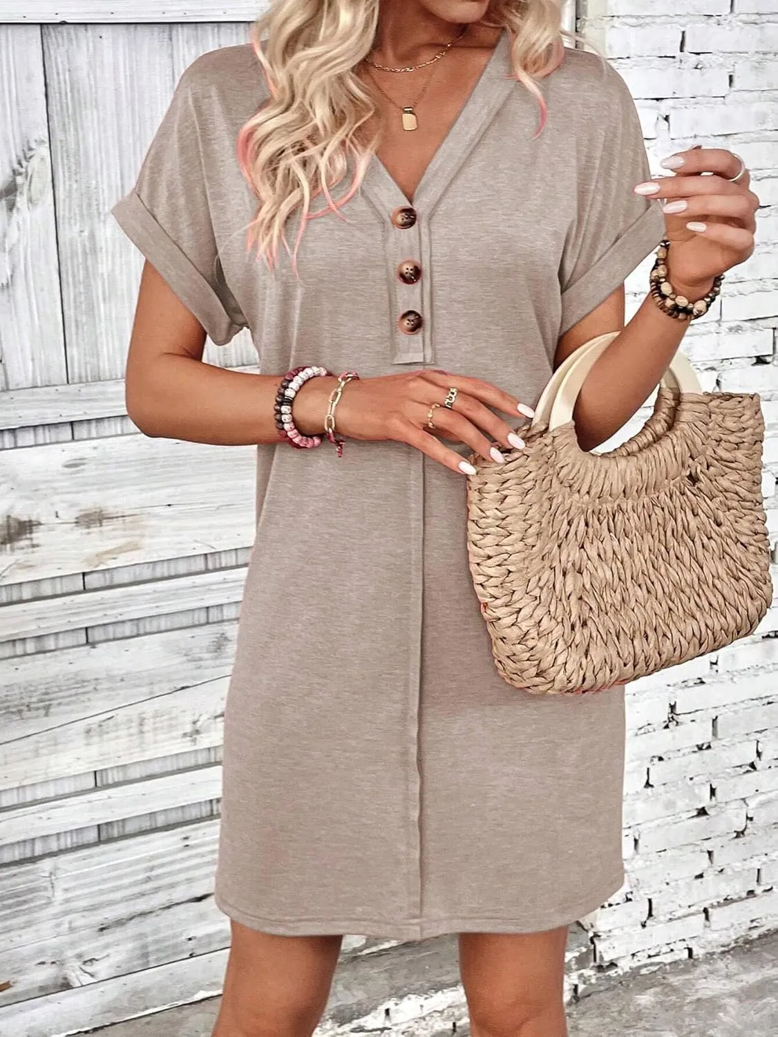 Women's Versatile V-Neck Button Solid Color Dress with Lazy Style and Shoulder Rolled Sleeves Casual Dress