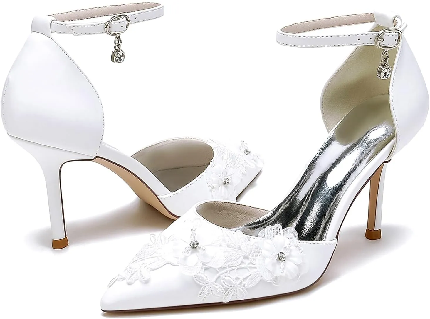 Women's Wedding Shoes PU Material Stiletto Pumps with Embroidery Lace Flower Pointed Toe Ankle Strap High Heel Bridal Party Dress Shoes