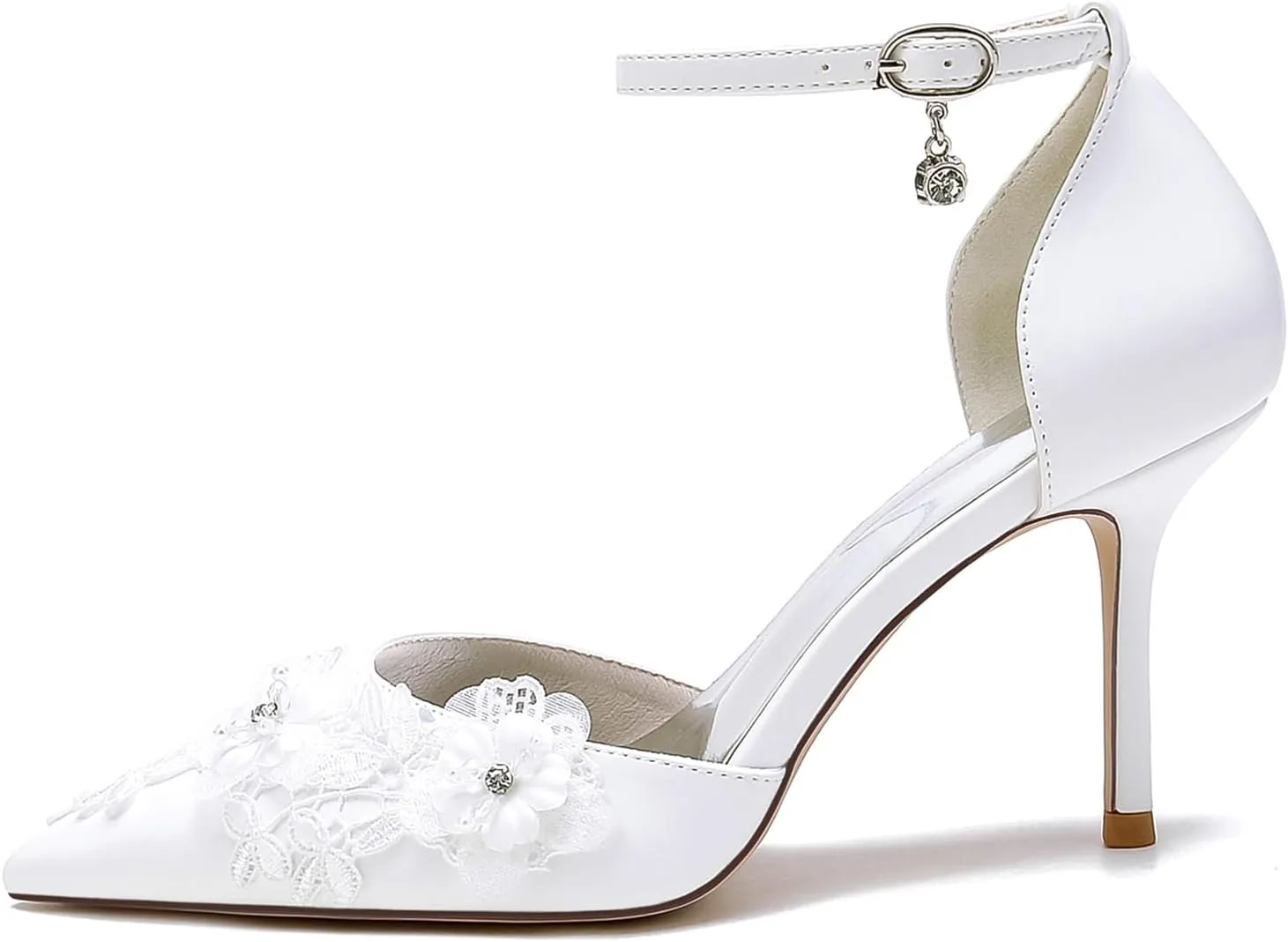 Women's Wedding Shoes PU Material Stiletto Pumps with Embroidery Lace Flower Pointed Toe Ankle Strap High Heel Bridal Party Dress Shoes