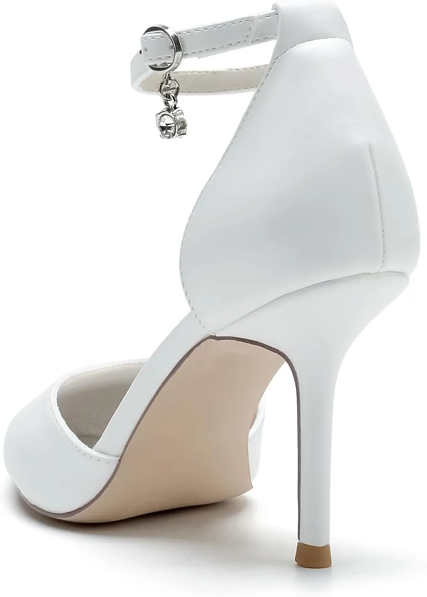 Women's Wedding Shoes PU Material Stiletto Pumps with Embroidery Lace Flower Pointed Toe Ankle Strap High Heel Bridal Party Dress Shoes