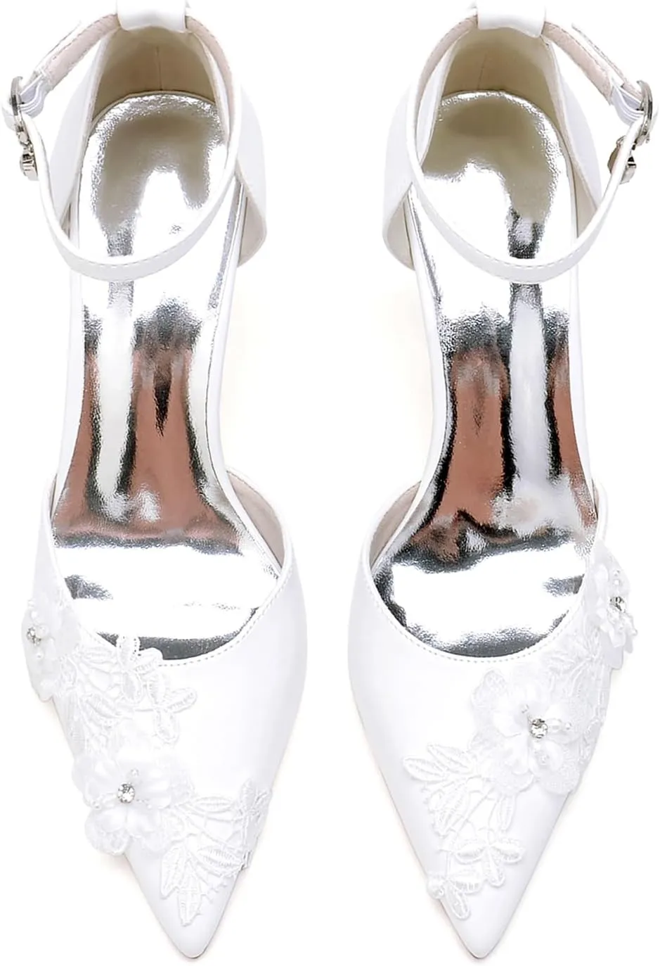 Women's Wedding Shoes PU Material Stiletto Pumps with Embroidery Lace Flower Pointed Toe Ankle Strap High Heel Bridal Party Dress Shoes