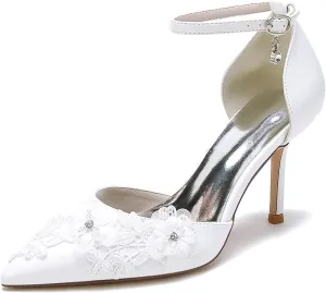 Women's Wedding Shoes PU Material Stiletto Pumps with Embroidery Lace Flower Pointed Toe Ankle Strap High Heel Bridal Party Dress Shoes