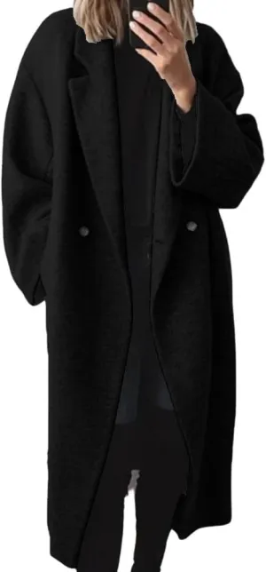 Women's Winter Double Breasted Wool Coat Casual Loose Notch Lapel Midi Long Winter Trench Coat