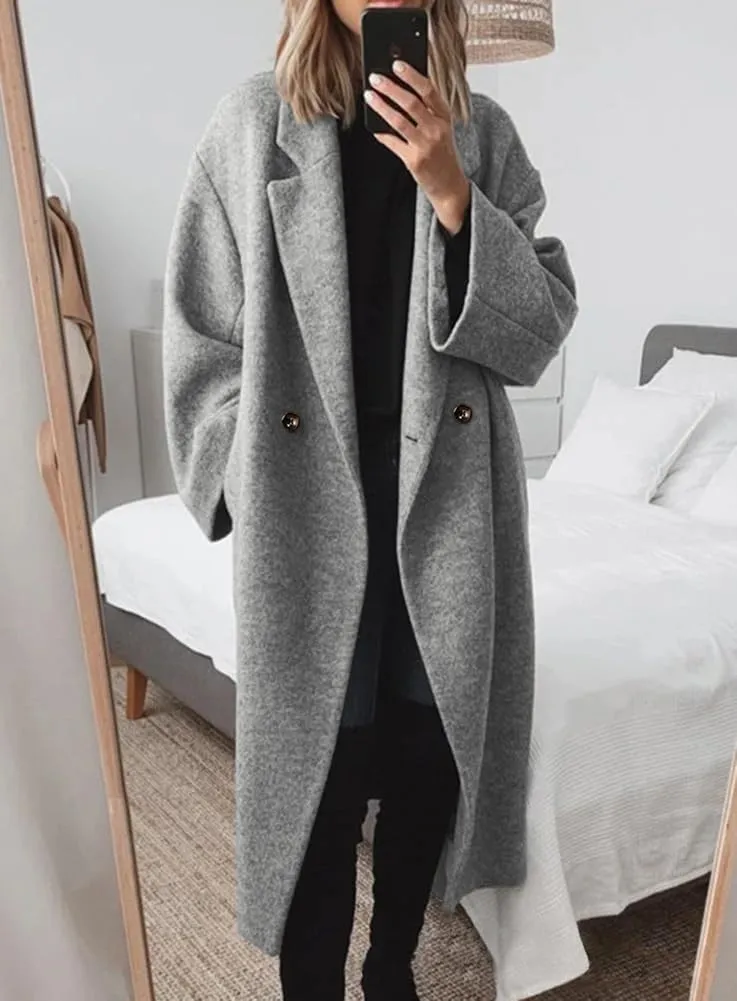 Women's Winter Double Breasted Wool Coat Casual Loose Notch Lapel Midi Long Winter Trench Coat