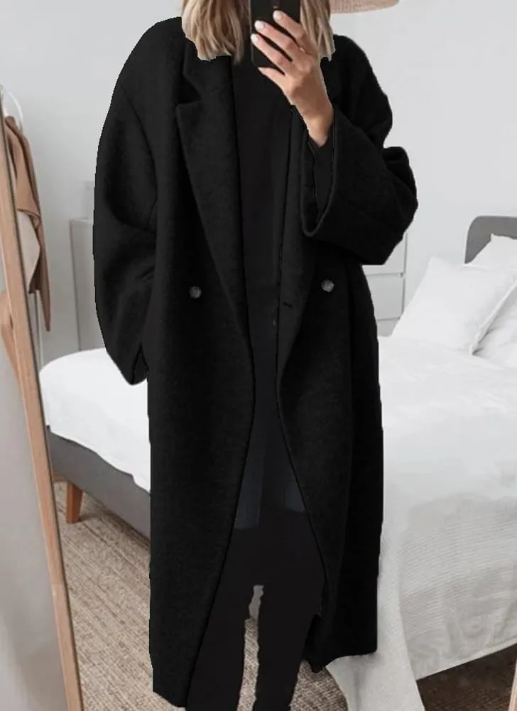 Women's Winter Double Breasted Wool Coat Casual Loose Notch Lapel Midi Long Winter Trench Coat