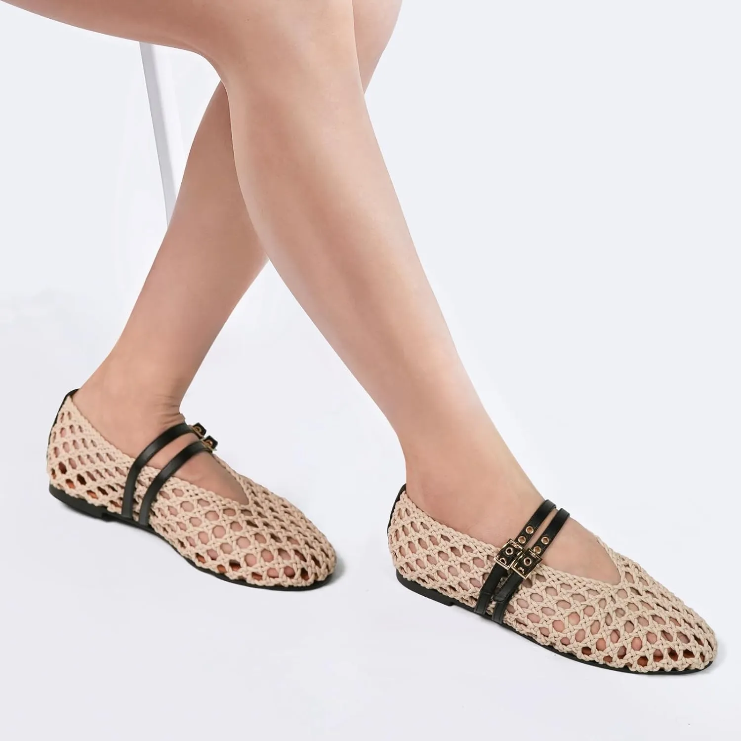 Women's Woven Mary Jane Flats - Mesh Ballet Flats with Adjustable Double Metal Buckle Strap and Round Toe