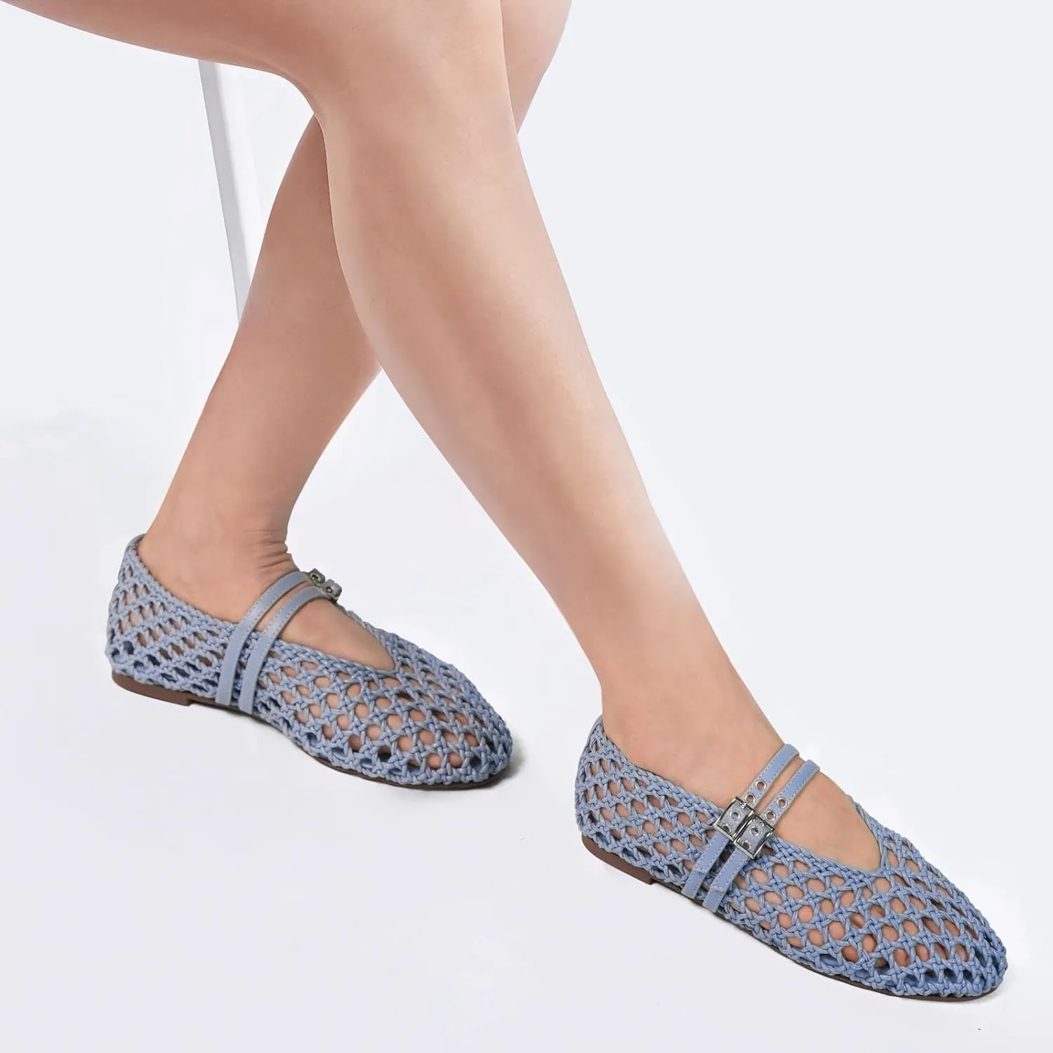 Women's Woven Mary Jane Flats - Mesh Ballet Flats with Adjustable Double Metal Buckle Strap and Round Toe