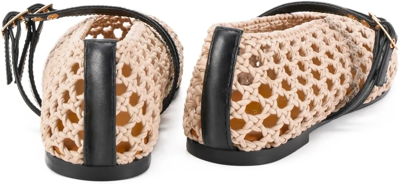 Women's Woven Mary Jane Flats - Mesh Ballet Flats with Adjustable Double Metal Buckle Strap and Round Toe