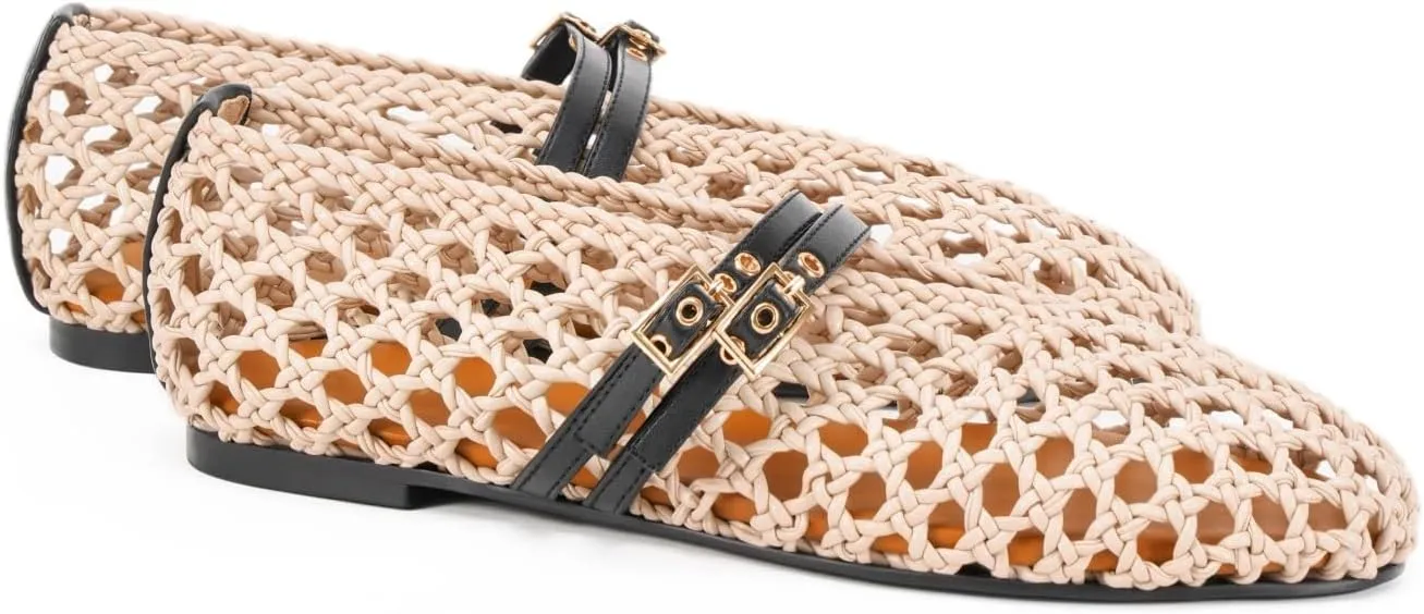 Women's Woven Mary Jane Flats - Mesh Ballet Flats with Adjustable Double Metal Buckle Strap and Round Toe