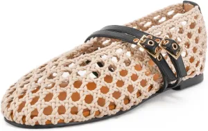Women's Woven Mary Jane Flats - Mesh Ballet Flats with Adjustable Double Metal Buckle Strap and Round Toe