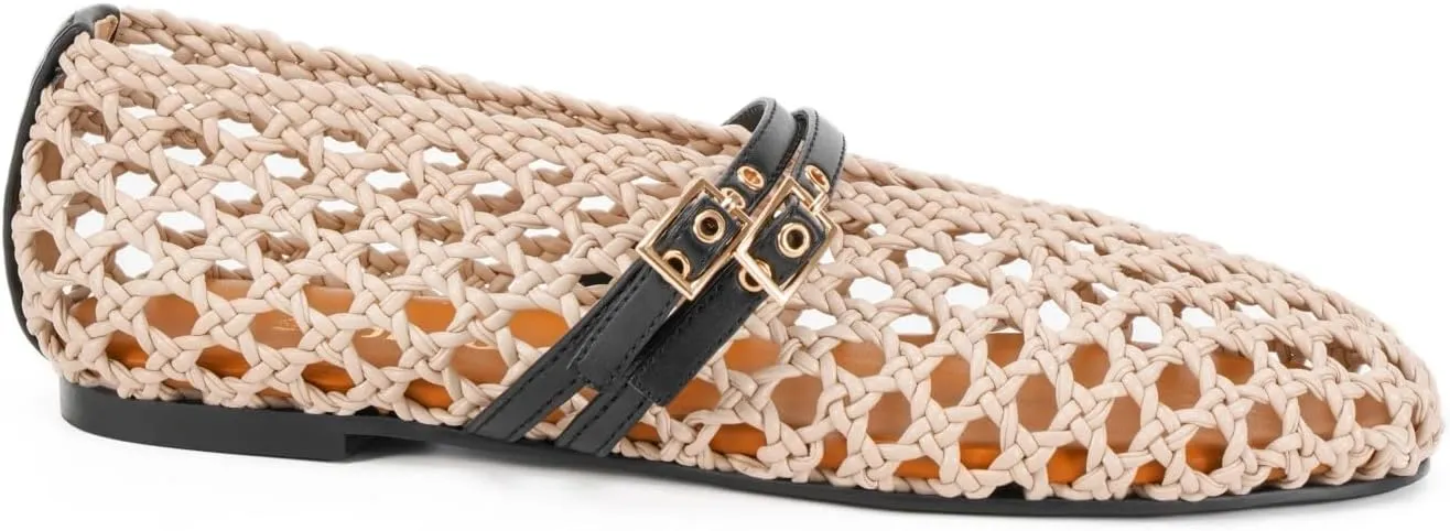Women's Woven Mary Jane Flats - Mesh Ballet Flats with Adjustable Double Metal Buckle Strap and Round Toe