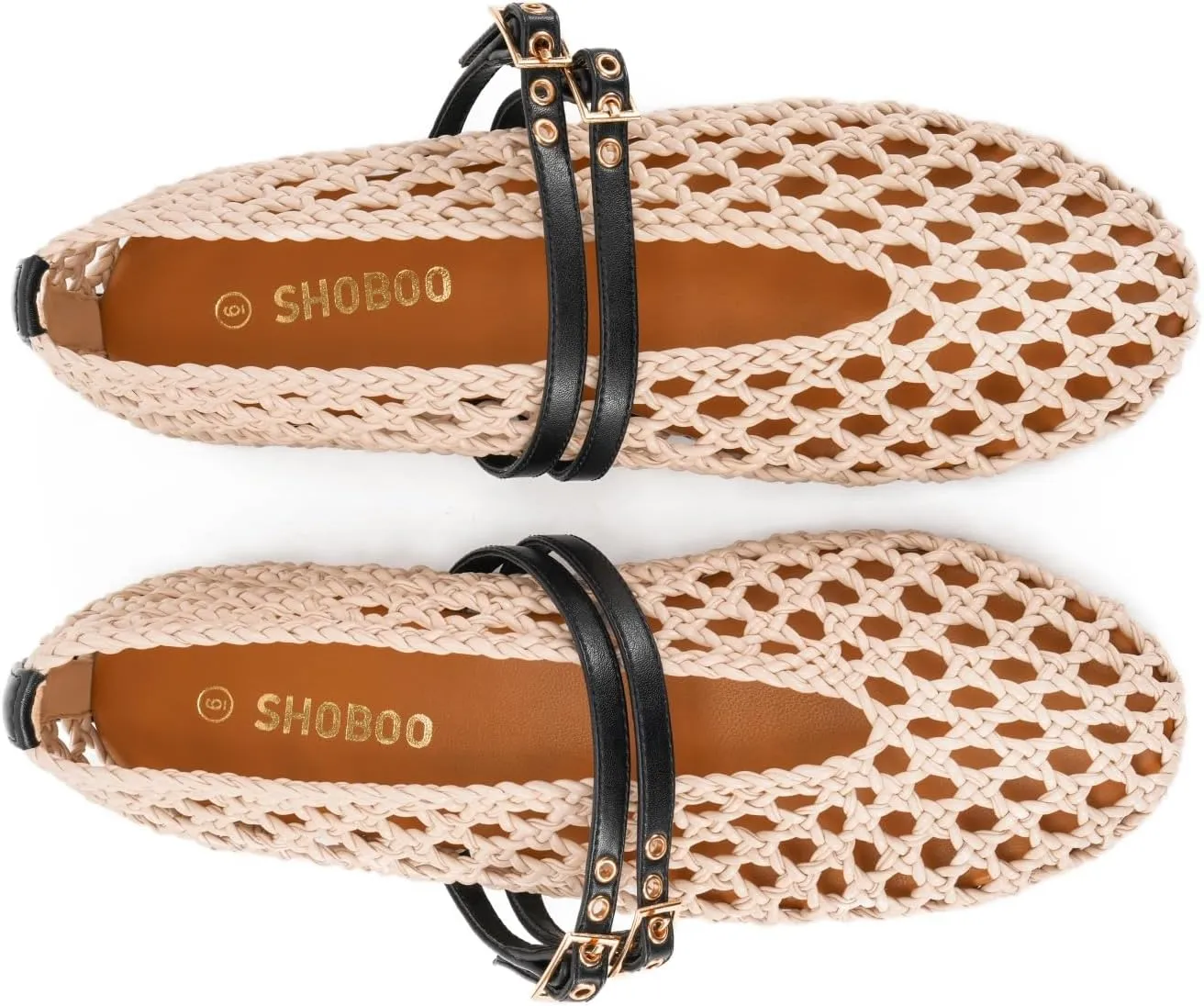 Women's Woven Mary Jane Flats - Mesh Ballet Flats with Adjustable Double Metal Buckle Strap and Round Toe