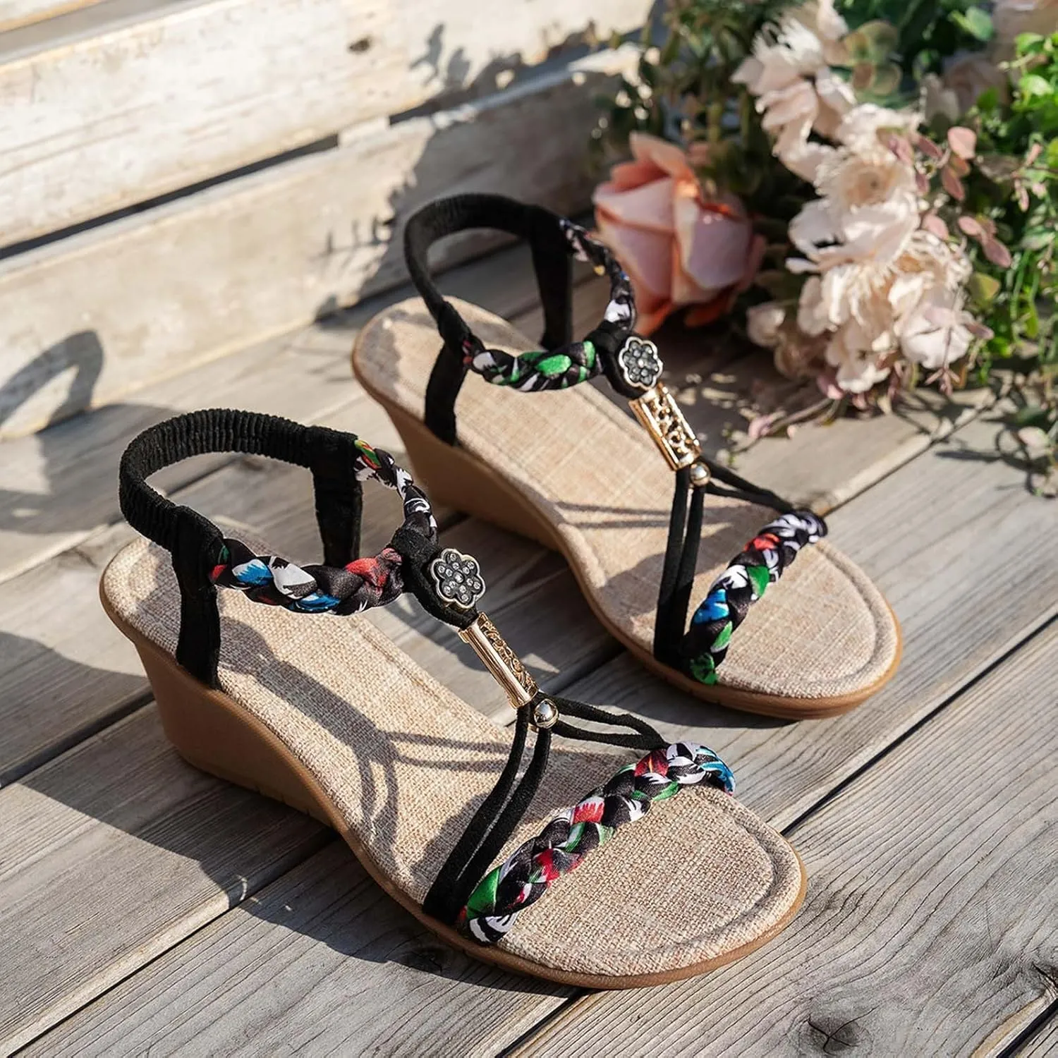 Woven Strap Platform Wedge Sandals Handmade Beaded Rope Bottom Lightweight Summer Bohemian Increase Womens Sandals Wedge