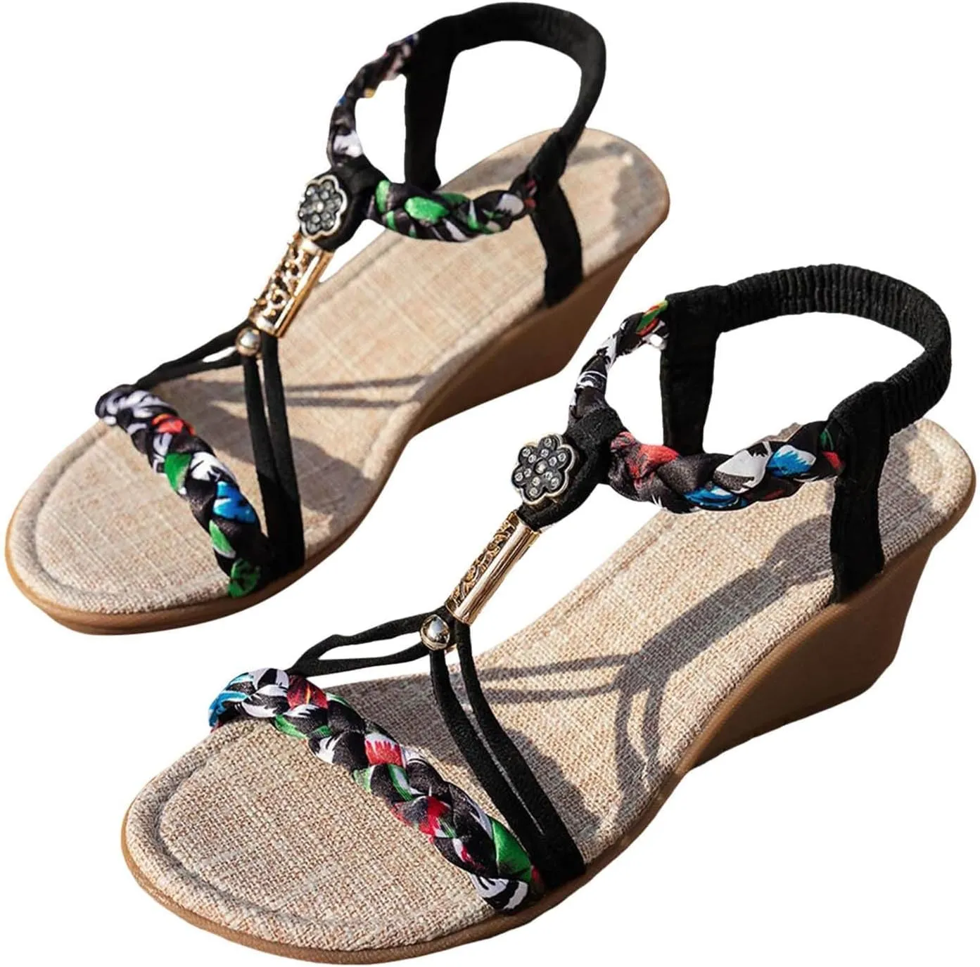 Woven Strap Platform Wedge Sandals Handmade Beaded Rope Bottom Lightweight Summer Bohemian Increase Womens Sandals Wedge