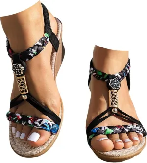 Woven Strap Platform Wedge Sandals Handmade Beaded Rope Bottom Lightweight Summer Bohemian Increase Womens Sandals Wedge