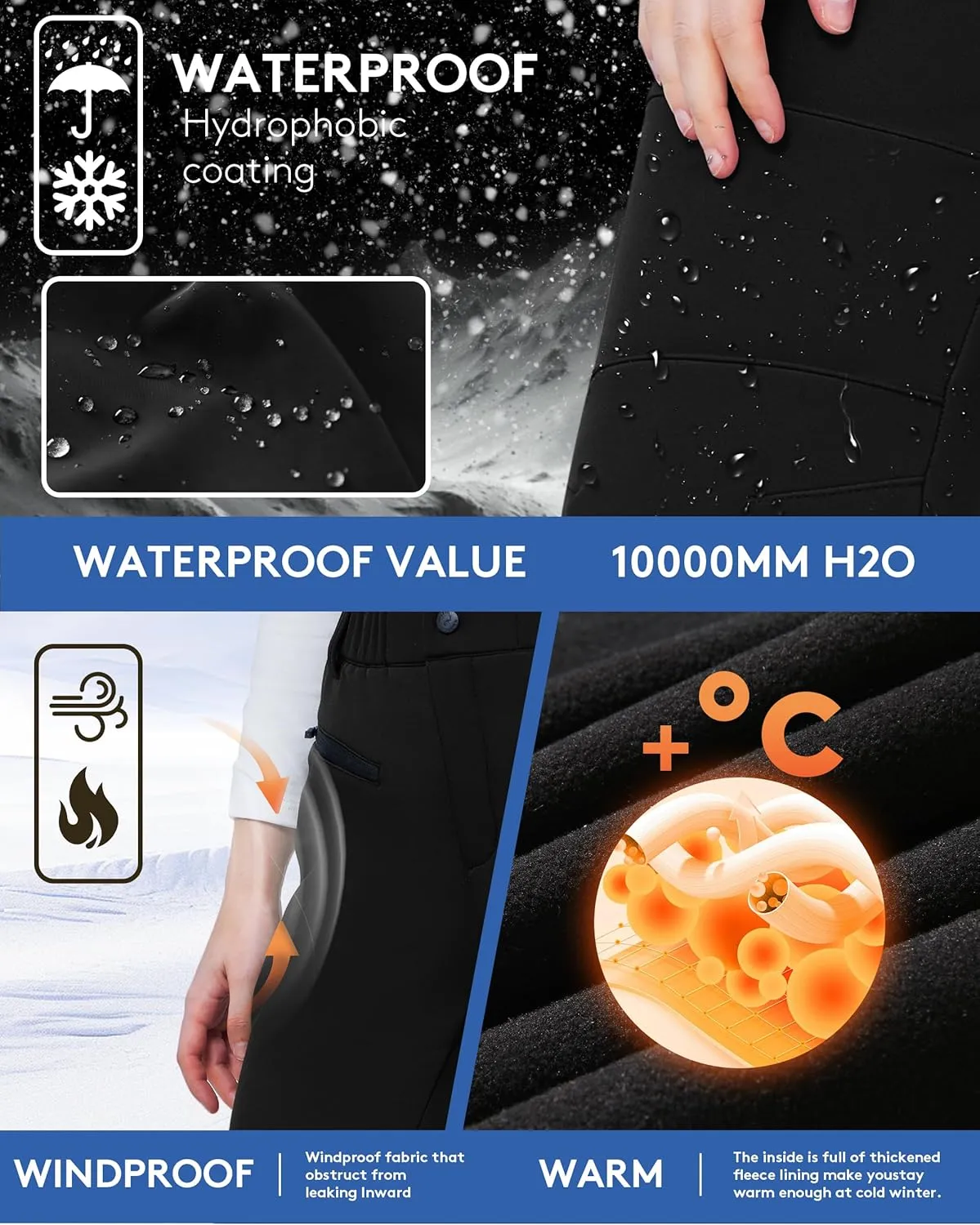 WULFUL Women's Snow Ski Pants Waterproof Insulated Fleece Lined Winter Softshell Hiking Pants