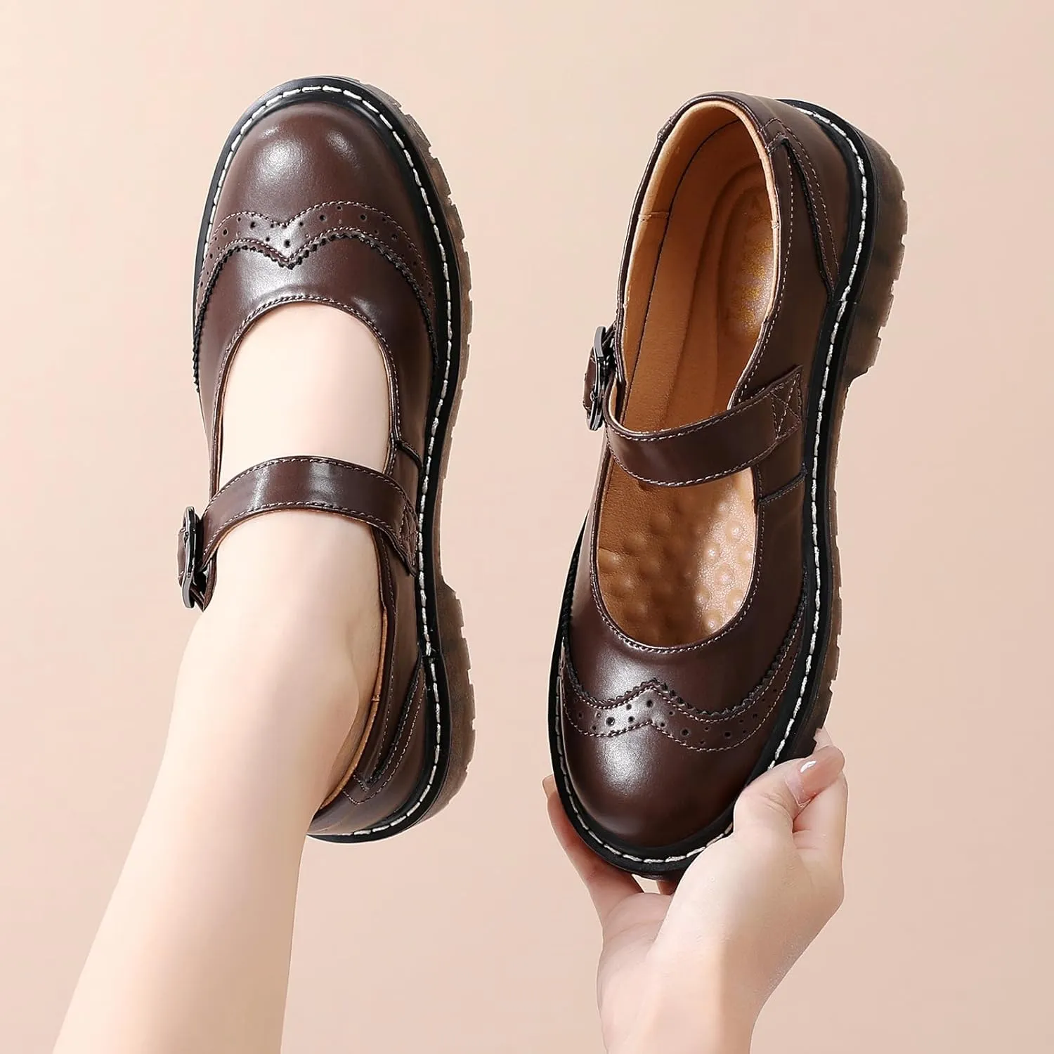 XMM Mary Jane Shoes Women Mary Janes Flats Ladies Oxford Shoes for Women Comfort Leather Round Toe Non-Slip Dressy Casual Cute Girls School Work Shoes