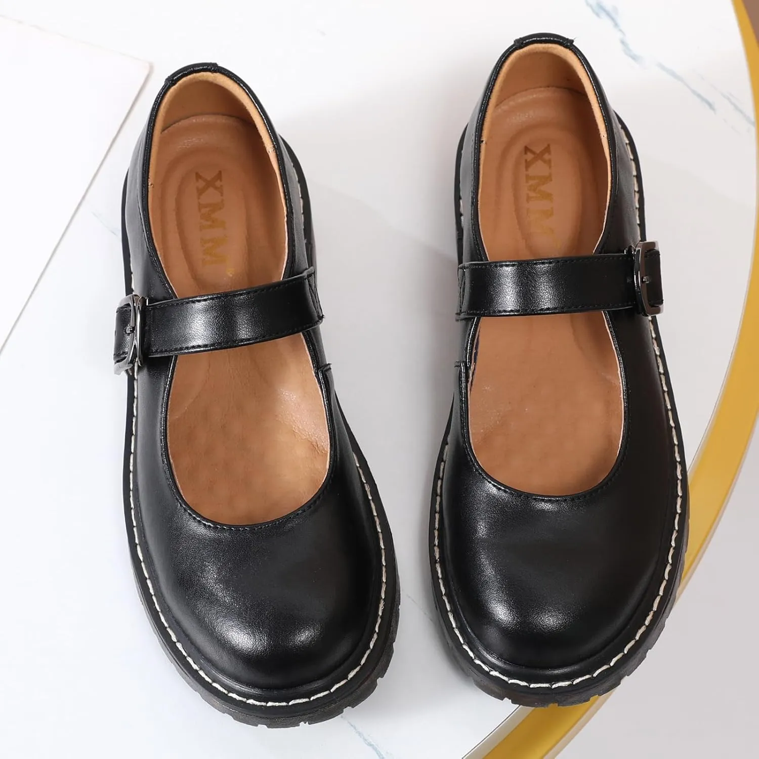 XMM Mary Jane Shoes Women Oxford Shoes Leather Round Toe Flats Non-Slip Ankle Buckle Strap Comfort Casual Dressy Cosplay Party School Work Shoes
