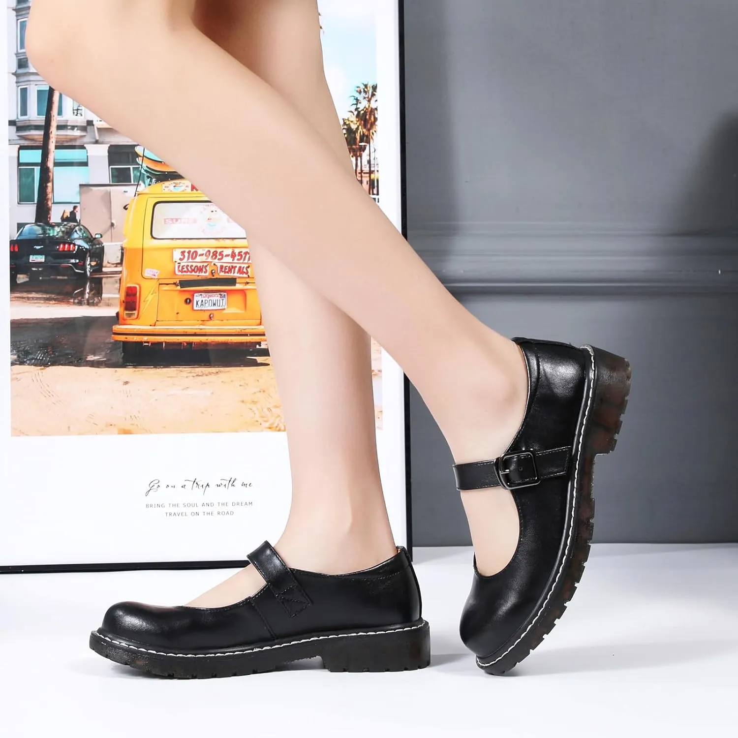 XMM Mary Jane Shoes Women Oxford Shoes Leather Round Toe Flats Non-Slip Ankle Buckle Strap Comfort Casual Dressy Cosplay Party School Work Shoes