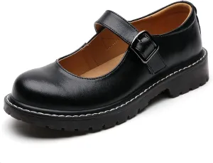 XMM Mary Jane Shoes Women Oxford Shoes Leather Round Toe Flats Non-Slip Ankle Buckle Strap Comfort Casual Dressy Cosplay Party School Work Shoes