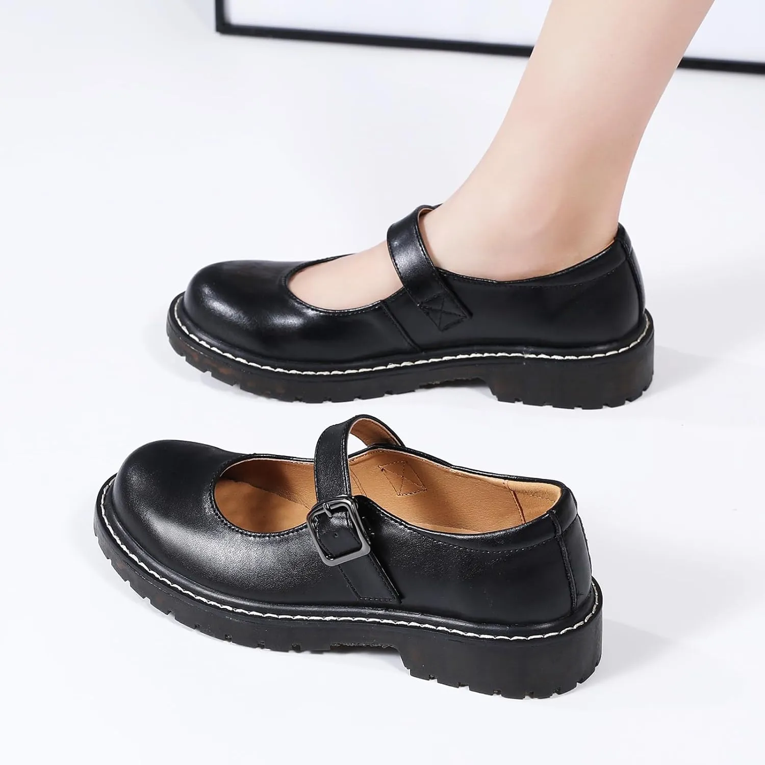XMM Mary Jane Shoes Women Oxford Shoes Leather Round Toe Flats Non-Slip Ankle Buckle Strap Comfort Casual Dressy Cosplay Party School Work Shoes