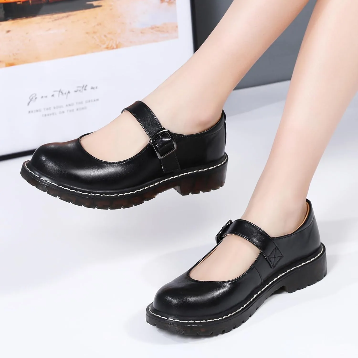 XMM Mary Jane Shoes Women Oxford Shoes Leather Round Toe Flats Non-Slip Ankle Buckle Strap Comfort Casual Dressy Cosplay Party School Work Shoes