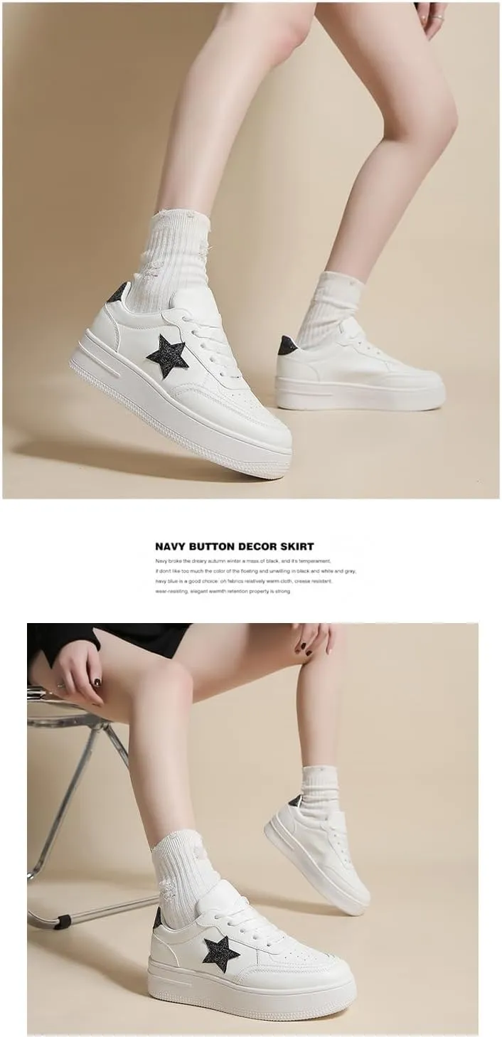 Y2K Star Sneakers for Women Lace Up White Casual Shoes for Spring PU Leather Trendy Platform Versatile Fashion Student Style Large Size Streetwear