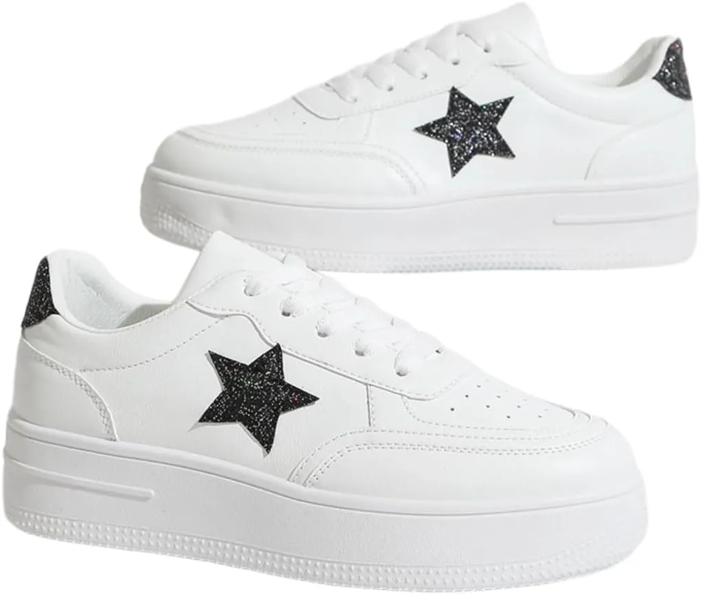 Y2K Star Sneakers for Women Lace Up White Casual Shoes for Spring PU Leather Trendy Platform Versatile Fashion Student Style Large Size Streetwear