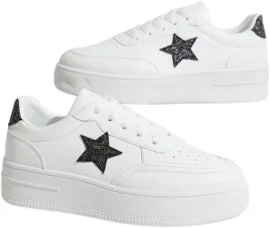 Y2K Star Sneakers for Women Lace Up White Casual Shoes for Spring PU Leather Trendy Platform Versatile Fashion Student Style Large Size Streetwear