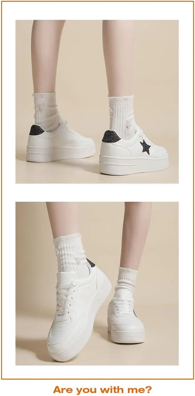 Y2K Star Sneakers for Women Lace Up White Casual Shoes for Spring PU Leather Trendy Platform Versatile Fashion Student Style Large Size Streetwear