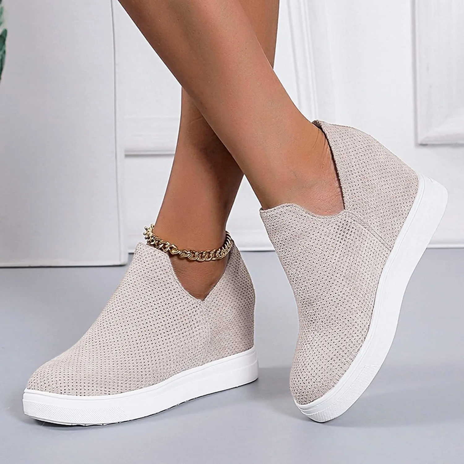 ZBYY Women's Wedge Canvas Sneakers Hidden Heel Platform Wedge Booties Breathable Wedgie Walking Slip on Flats Shoes