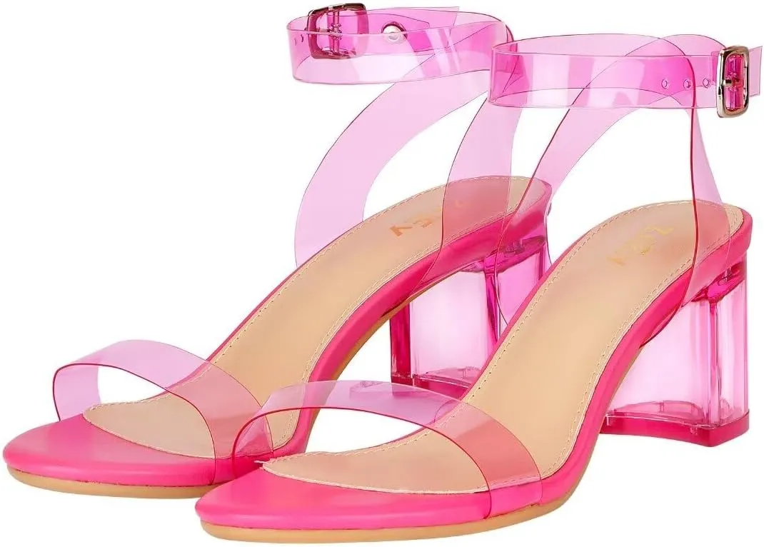 ZriEy Women's Clear Heels Strappy Chunky Block Heeled Sandals 2.2 Inch Open Toe Adjustable Ankle Strap Pump Sandals for Weddings Parties Daily Wear