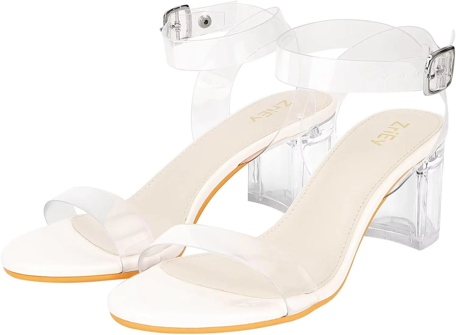 ZriEy Women's Clear Heels Strappy Chunky Block Heeled Sandals 2.2 Inch Open Toe Adjustable Ankle Strap Pump Sandals for Weddings Parties Daily Wear