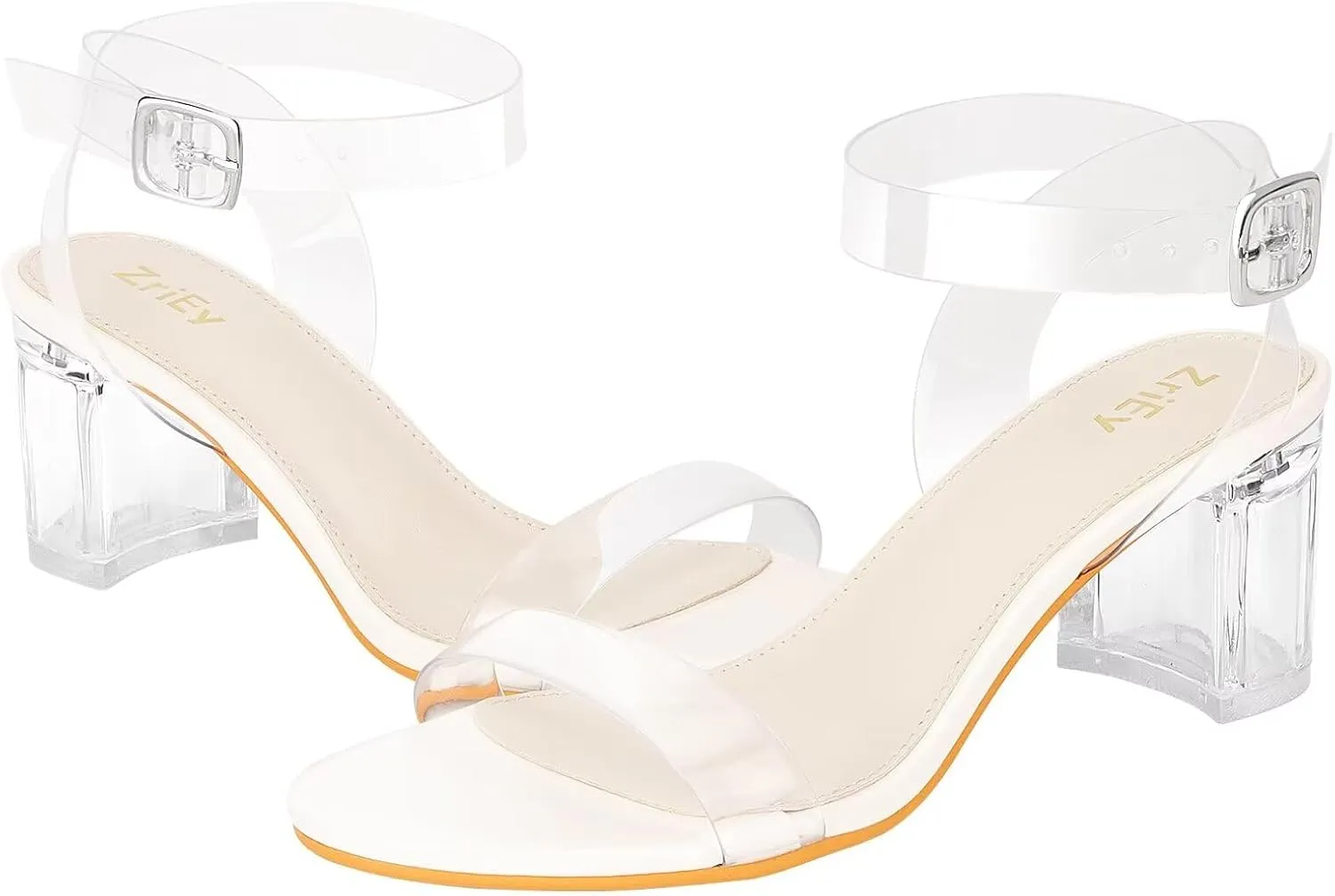 ZriEy Women's Clear Heels Strappy Chunky Block Heeled Sandals 2.2 Inch Open Toe Adjustable Ankle Strap Pump Sandals for Weddings Parties Daily Wear