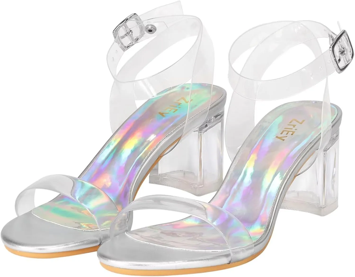 ZriEy Women's Clear Heels Strappy Chunky Block Heeled Sandals 2.2 Inch Open Toe Adjustable Ankle Strap Pump Sandals for Weddings Parties Daily Wear