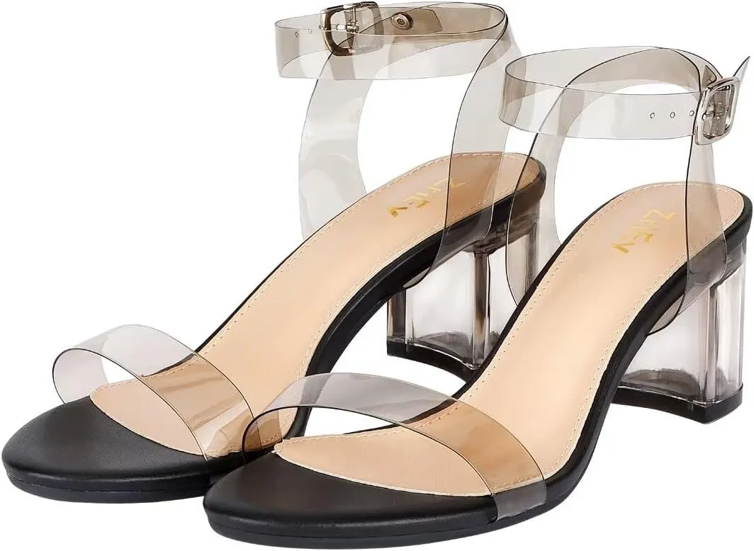 ZriEy Women's Clear Heels Strappy Chunky Block Heeled Sandals 2.2 Inch Open Toe Adjustable Ankle Strap Pump Sandals for Weddings Parties Daily Wear