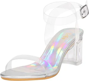 ZriEy Women's Clear Heels Strappy Chunky Block Heeled Sandals 2.2 Inch Open Toe Adjustable Ankle Strap Pump Sandals for Weddings Parties Daily Wear