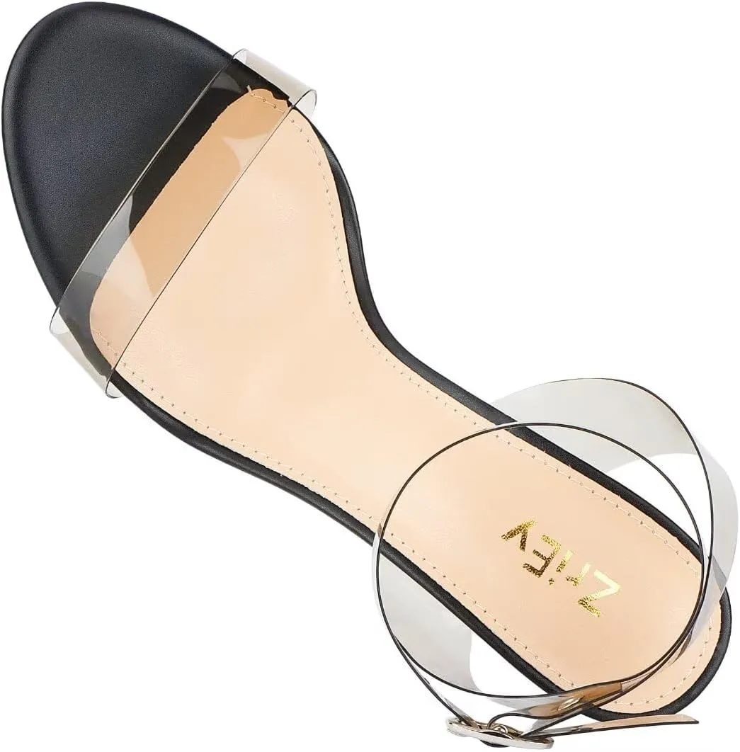 ZriEy Women's Clear Heels Strappy Chunky Block Heeled Sandals 2.2 Inch Open Toe Adjustable Ankle Strap Pump Sandals for Weddings Parties Daily Wear