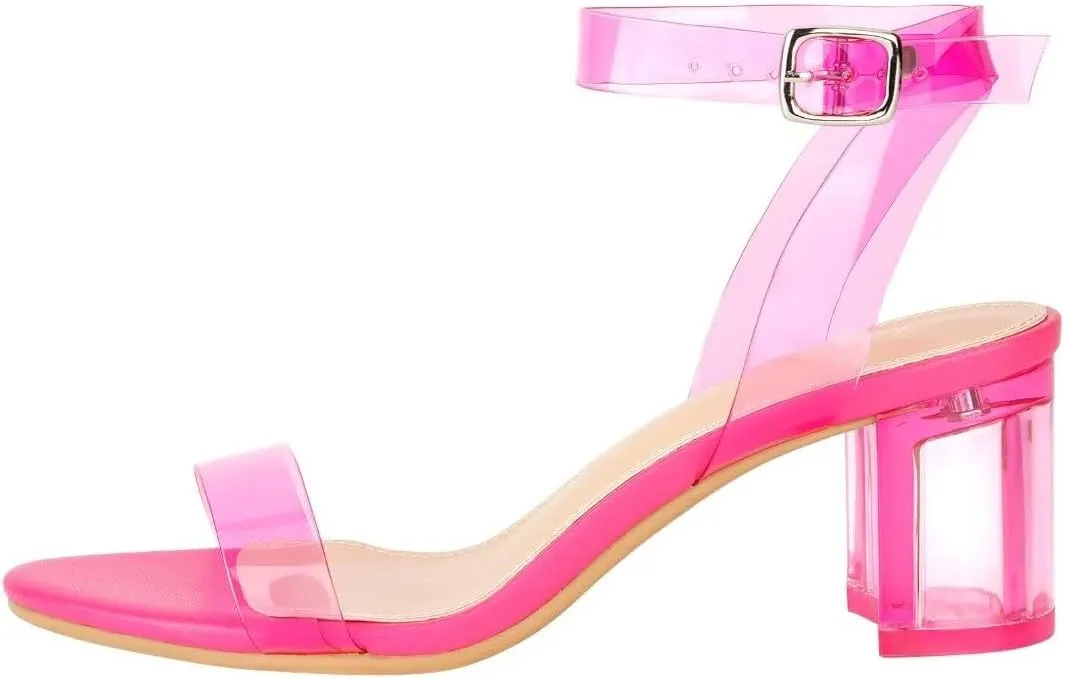 ZriEy Women's Clear Heels Strappy Chunky Block Heeled Sandals 2.2 Inch Open Toe Adjustable Ankle Strap Pump Sandals for Weddings Parties Daily Wear